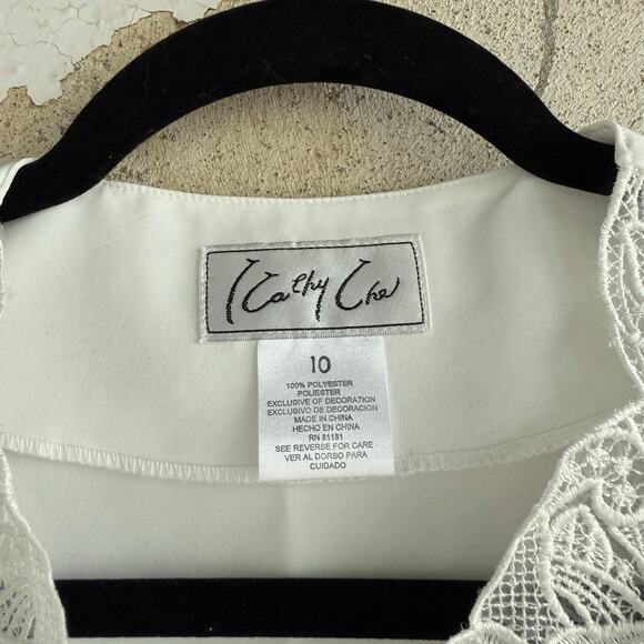 Vtg 90s Blouse White Lace Trim V Neck Pearl Button Long Sleeve Button Up Top 10 - Picture 6 of 8